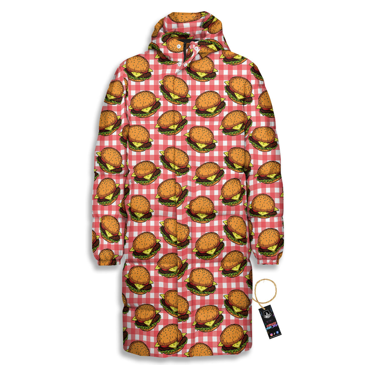 Hamburger Plaid Print Pattern Long Down Jacket-grizzshop