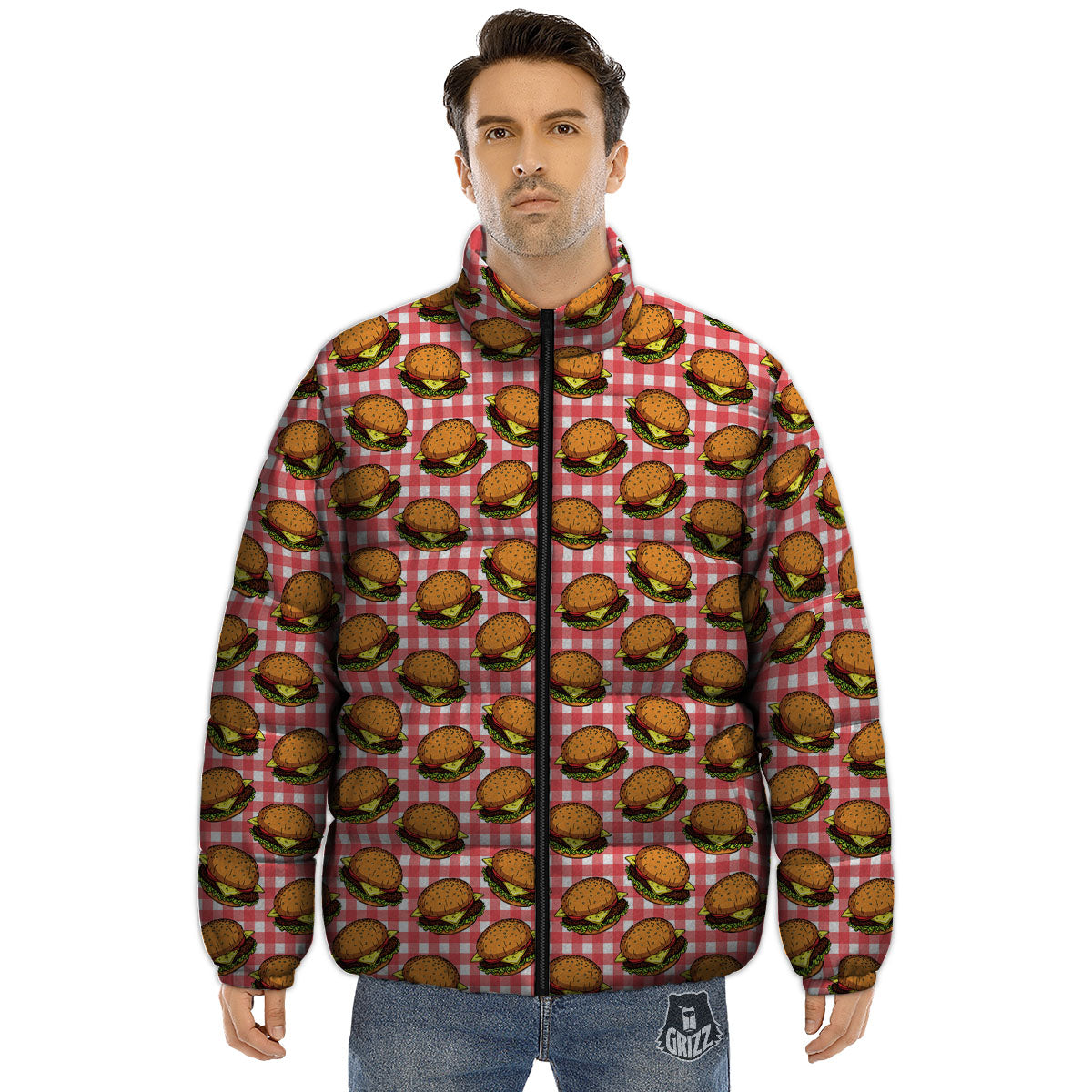 Hamburger Plaid Print Pattern Puffer Jacket-grizzshop