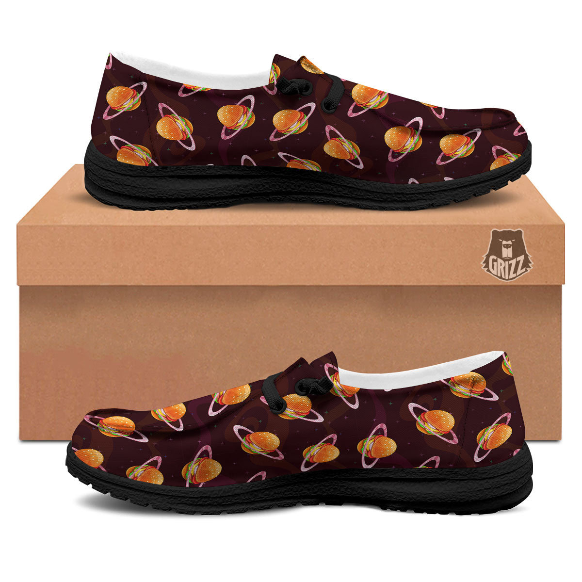 Hamburger Planet Print Pattern Black Loafers-grizzshop