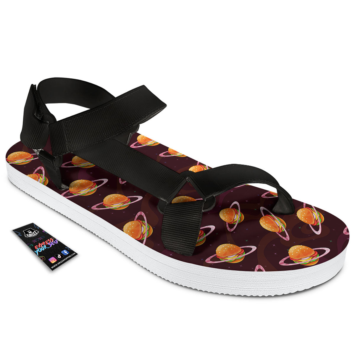 Hamburger Planet Print Pattern Black Open Toe Sandals-grizzshop