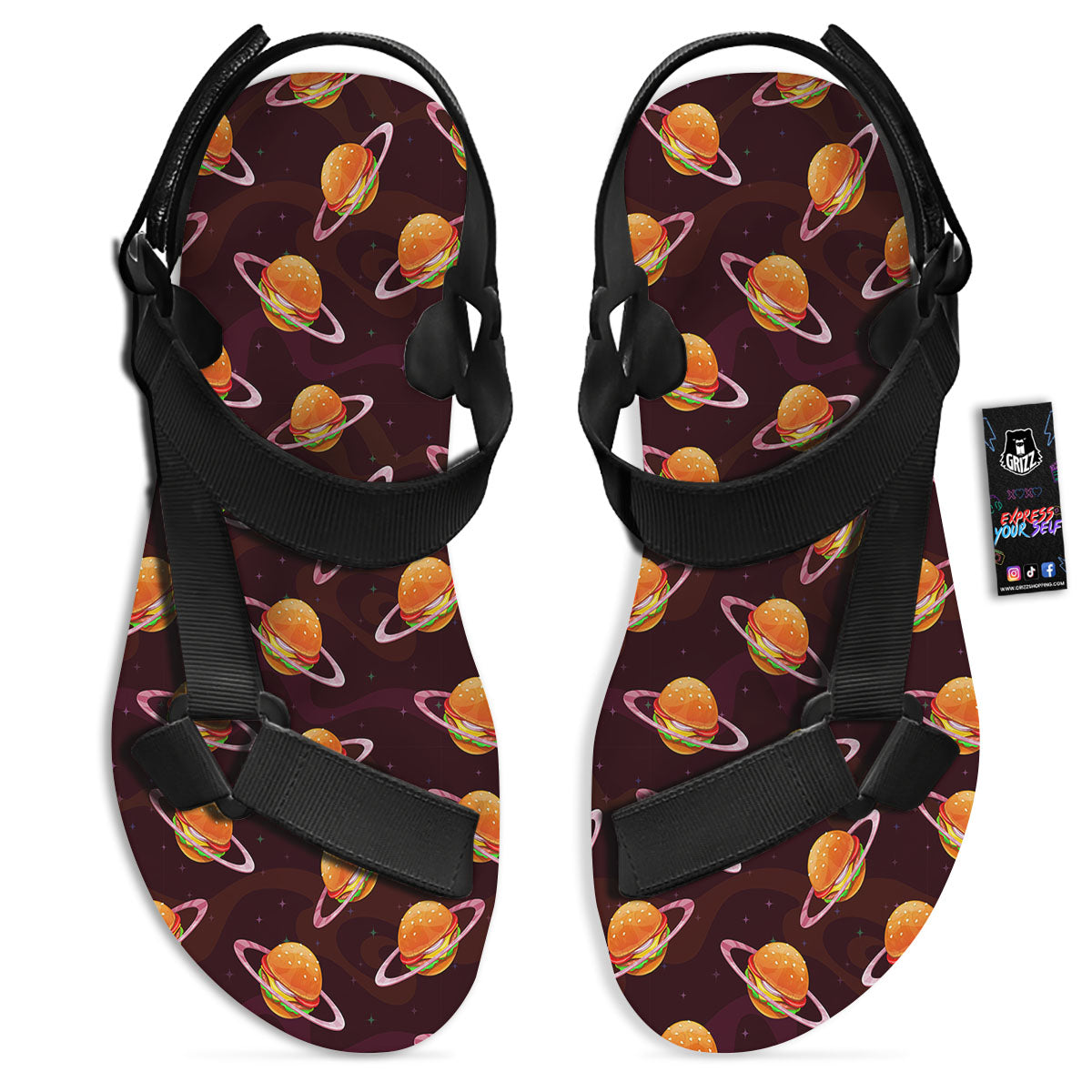 Hamburger Planet Print Pattern Black Open Toe Sandals-grizzshop