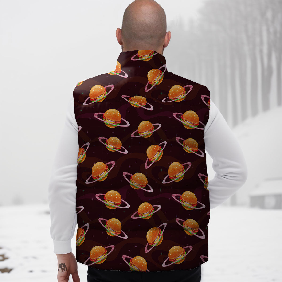 Hamburger Planet Print Pattern Down Vest-grizzshop
