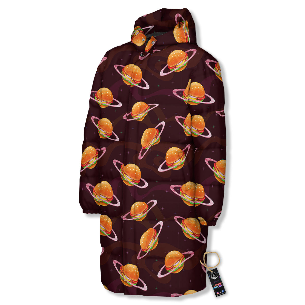 Hamburger Planet Print Pattern Long Down Jacket-grizzshop