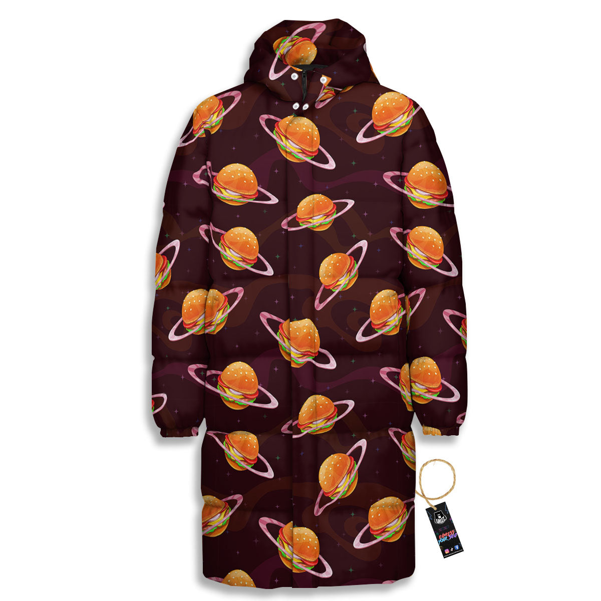 Hamburger Planet Print Pattern Long Down Jacket-grizzshop