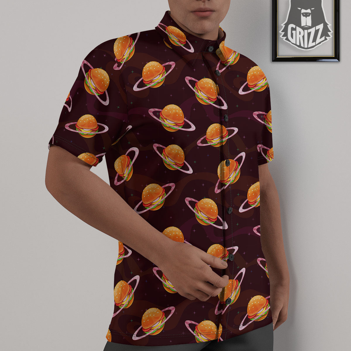 Hamburger Planet Print Pattern Untucked Shirts-grizzshop