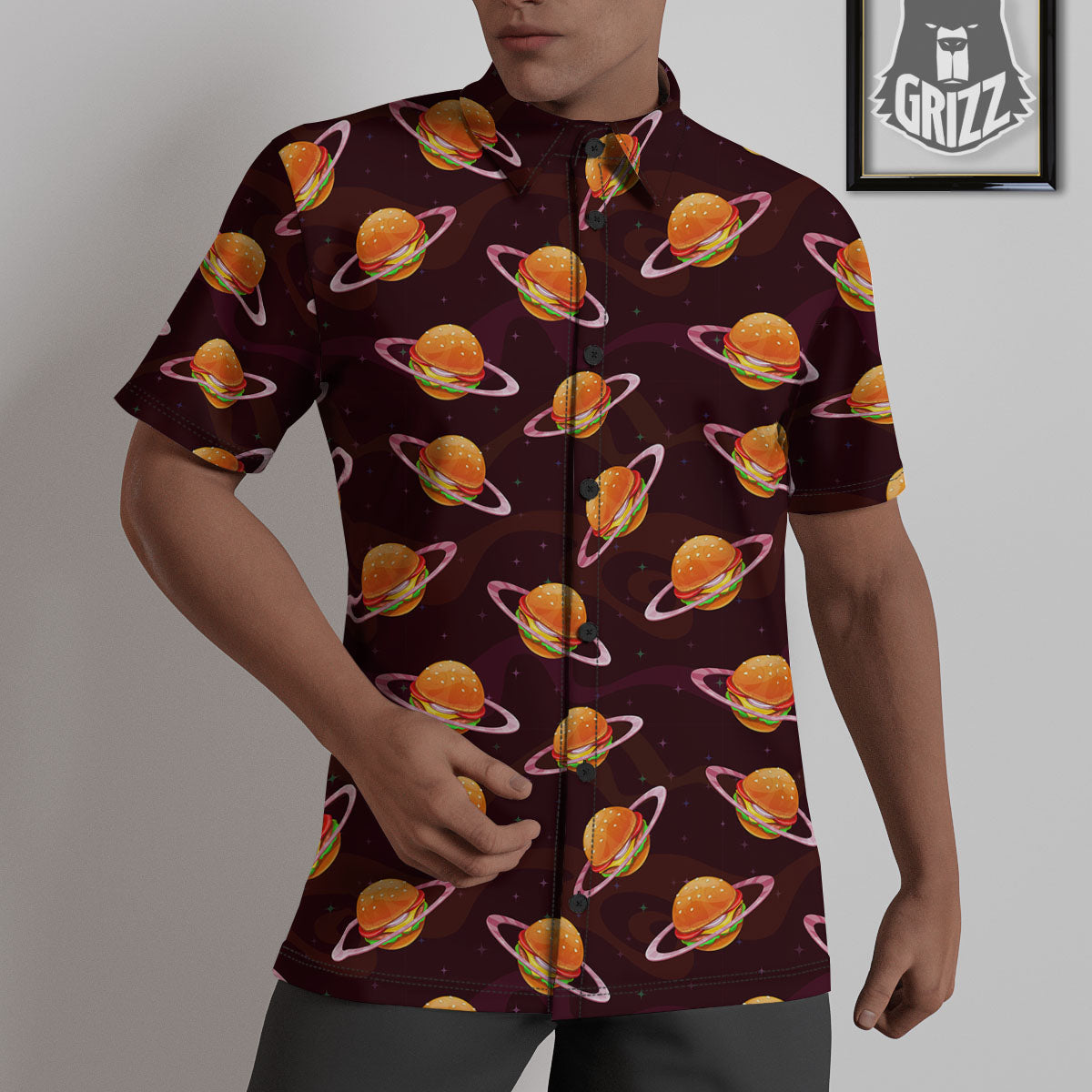 Hamburger Planet Print Pattern Untucked Shirts-grizzshop