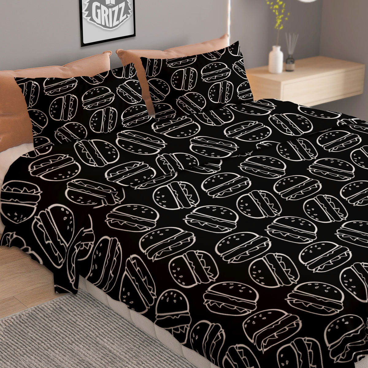 Hamburger White And Black Print Duvet Cover Bedding Set