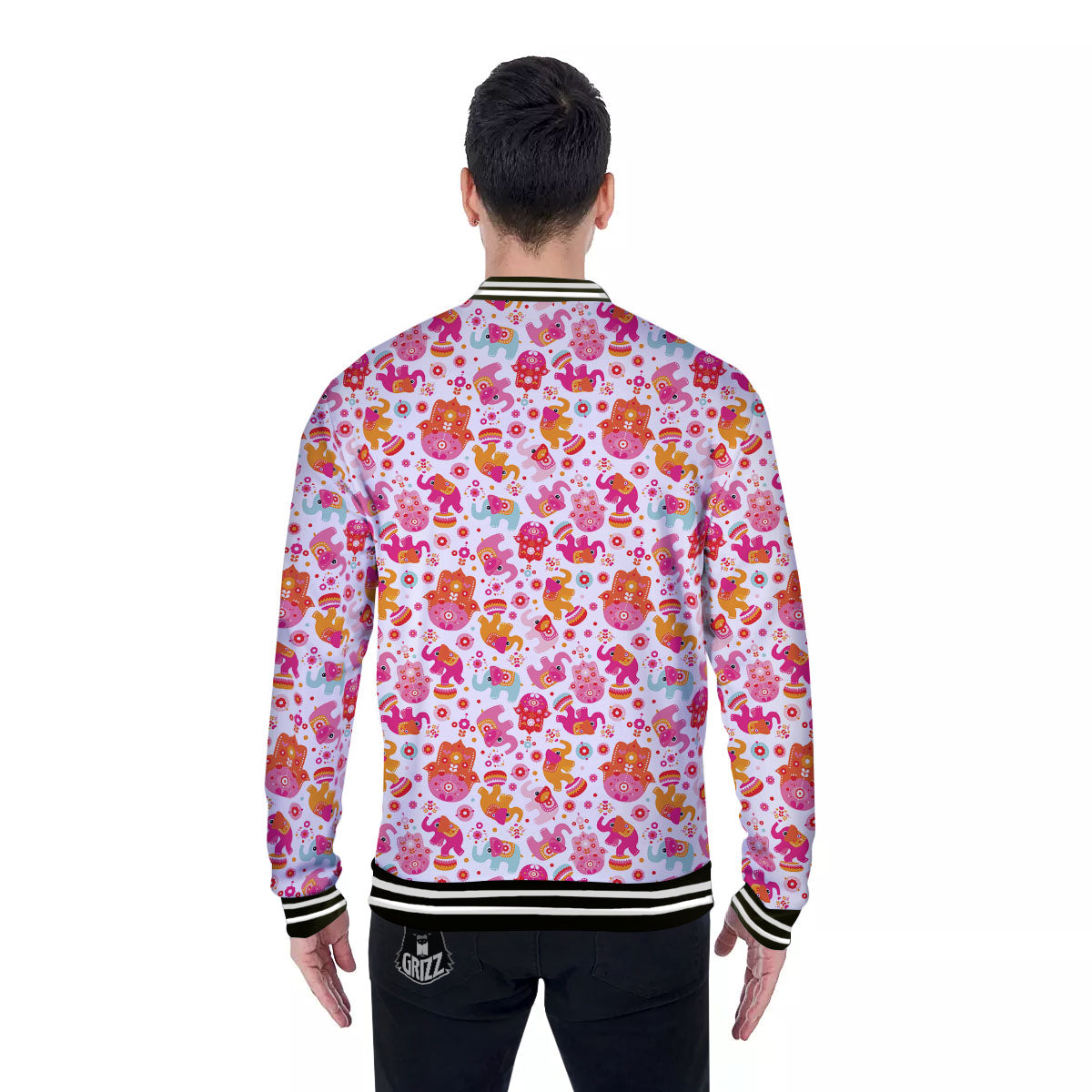 Hamsa And Girly Elephant Print Pattern Baseball Jacket-grizzshop