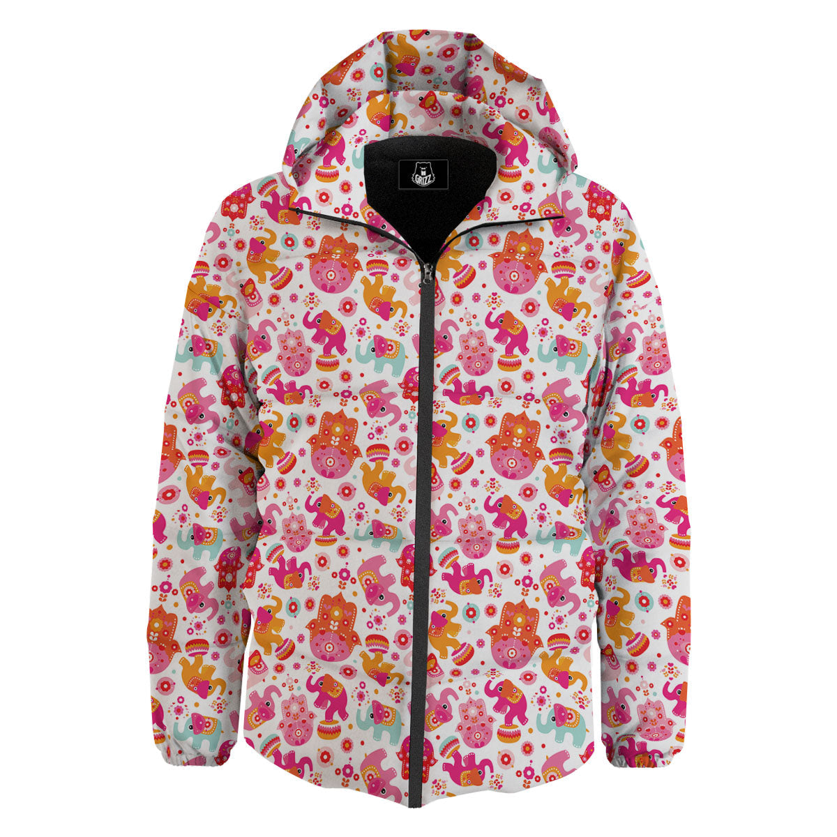 Hamsa And Girly Elephant Print Pattern Down Jacket-grizzshop