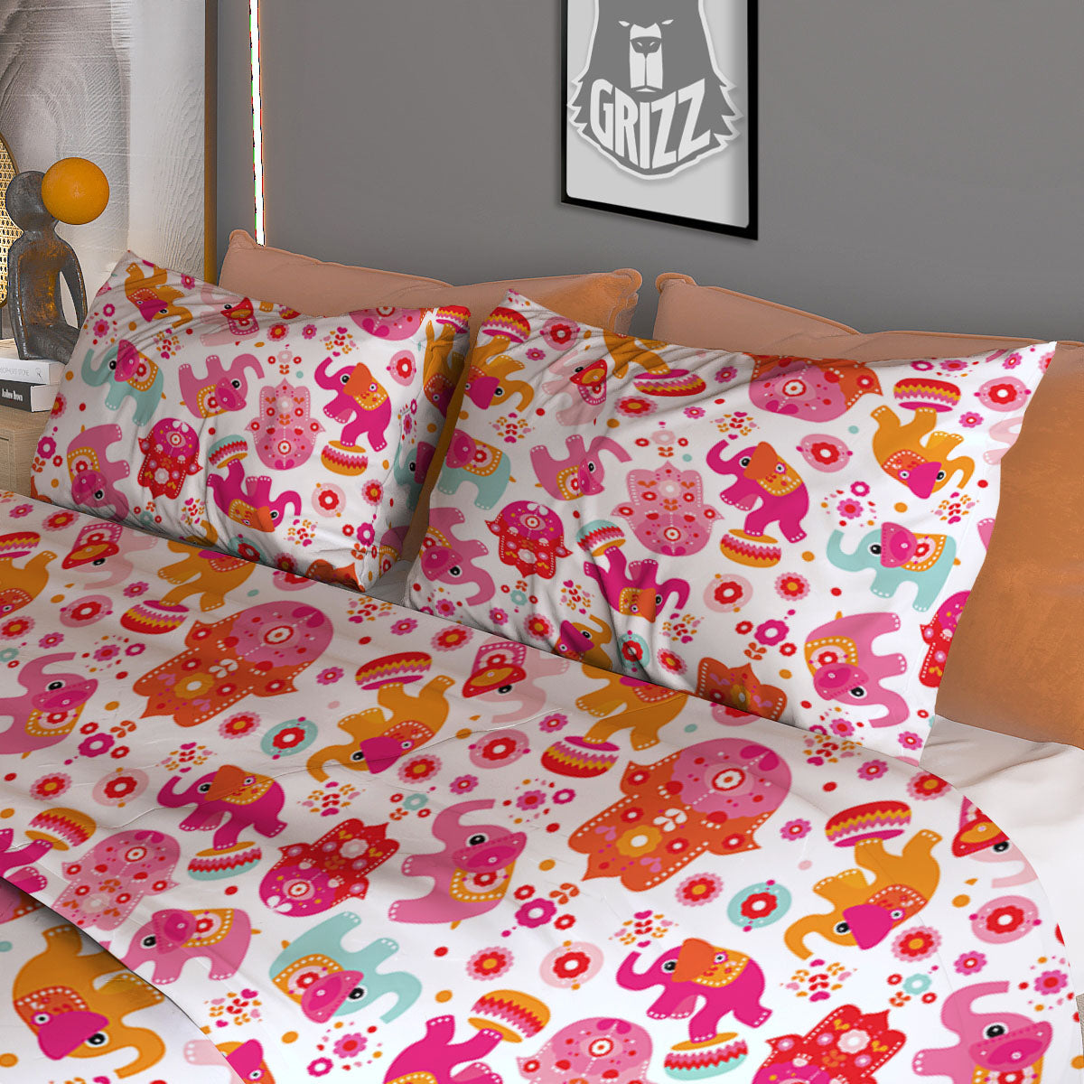 Hamsa And Girly Elephant Print Pattern Duvet Cover Bedding Set