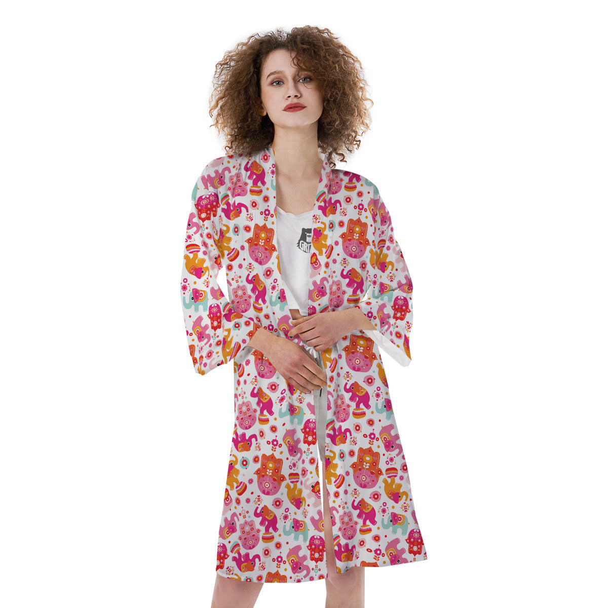 Hamsa And Girly Elephant Print Pattern Kimono-grizzshop