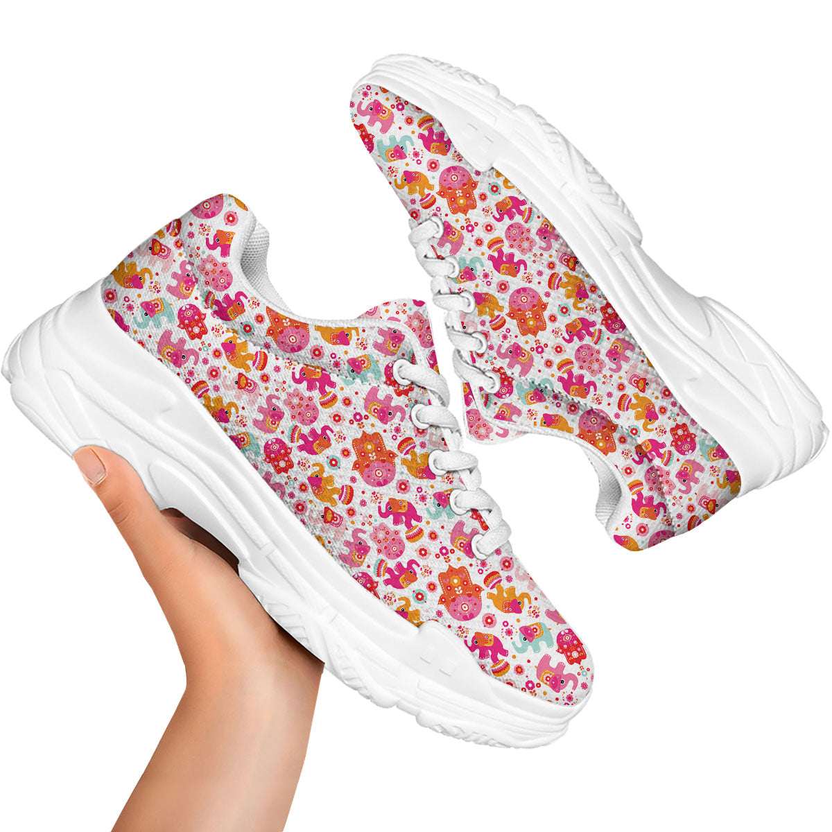 Hamsa And Girly Elephant Print Pattern White Chunky Shoes-grizzshop