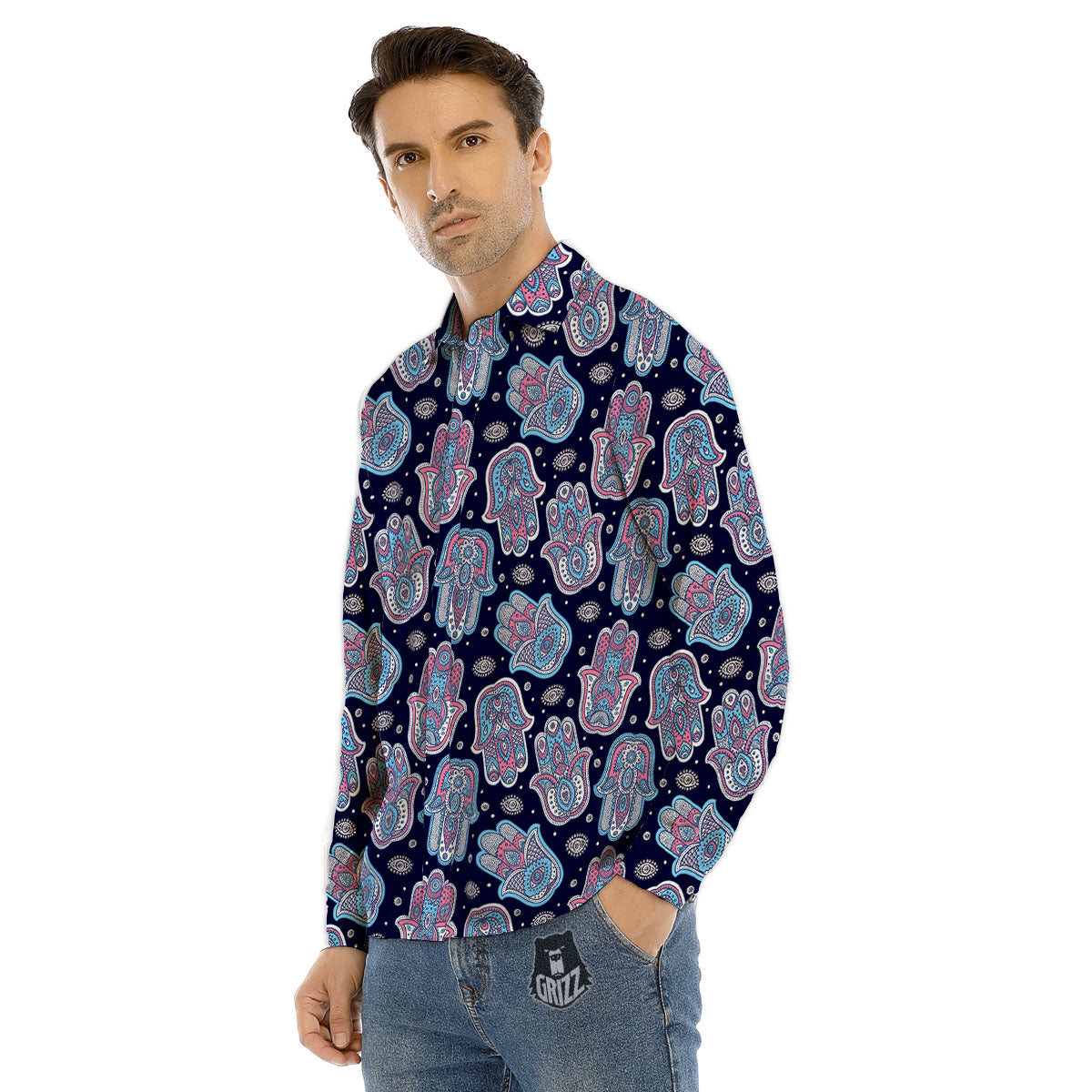 Hamsa Boho Print Pattern Men's Dress Shirts-grizzshop