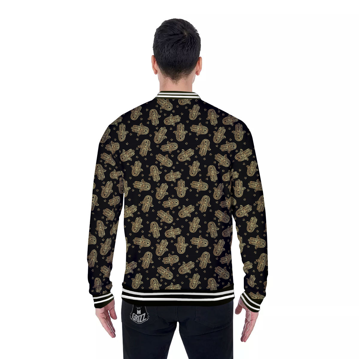 Hamsa Gold Print Pattern Baseball Jacket-grizzshop