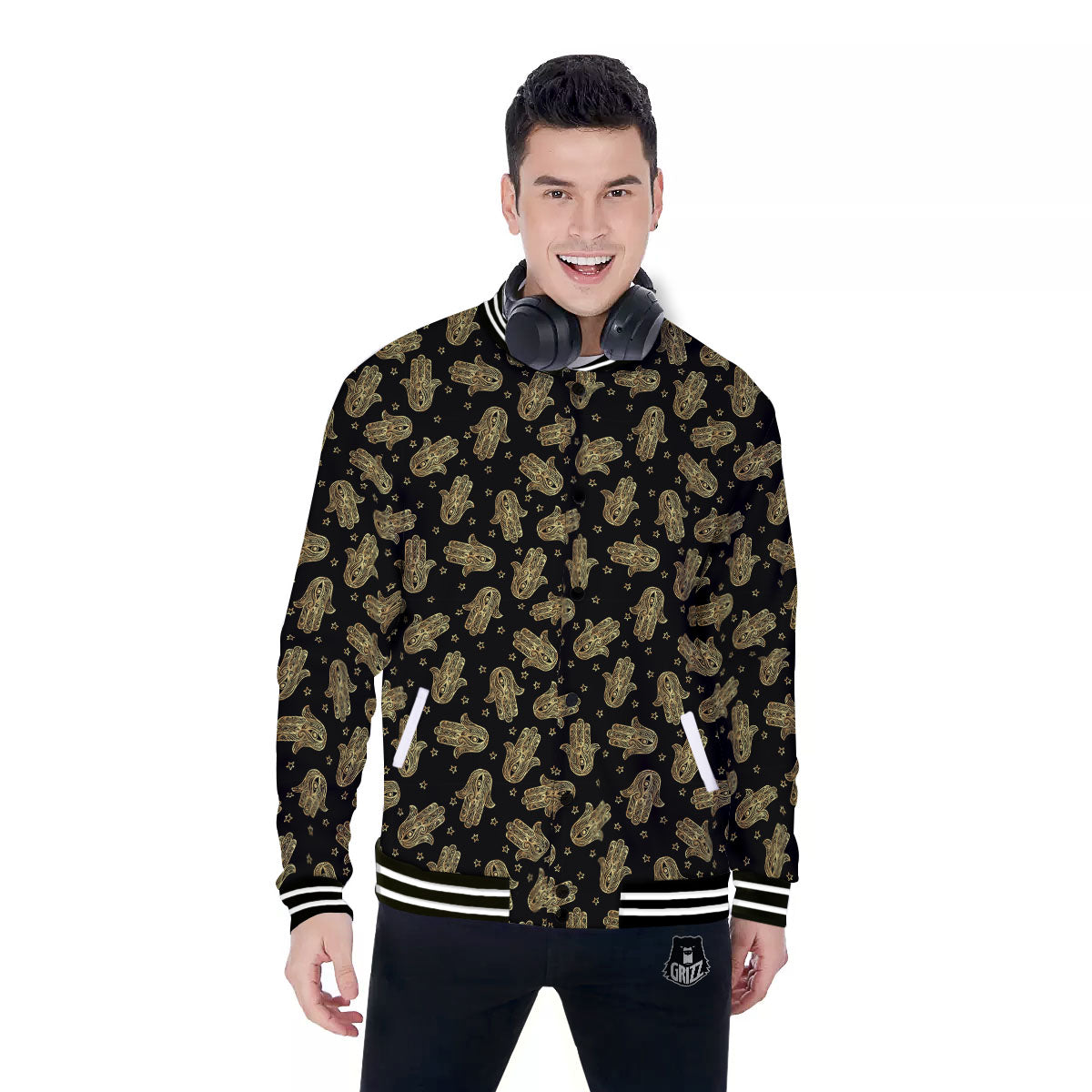 Hamsa Gold Print Pattern Baseball Jacket-grizzshop