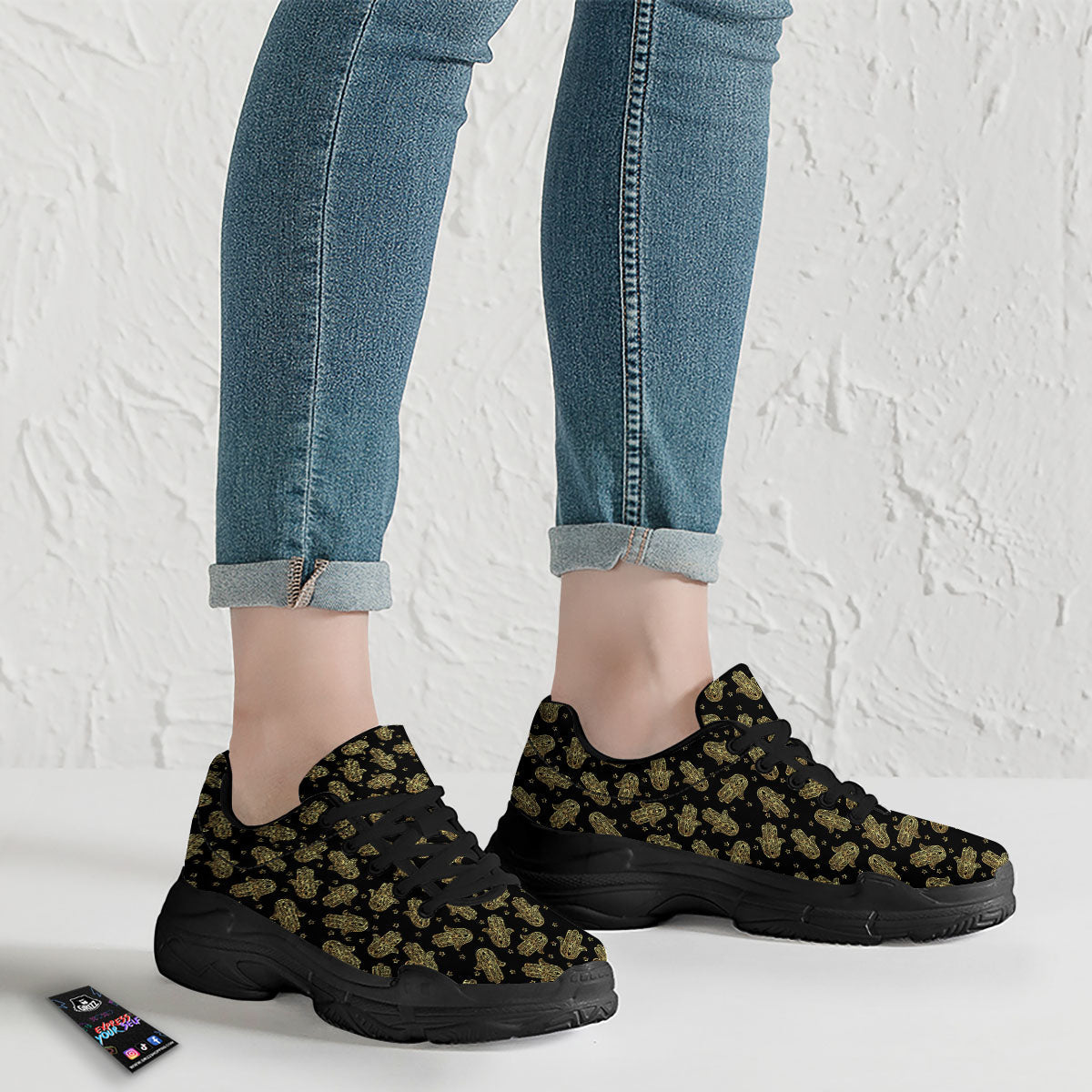 Hamsa Gold Print Pattern Black Chunky Shoes-grizzshop