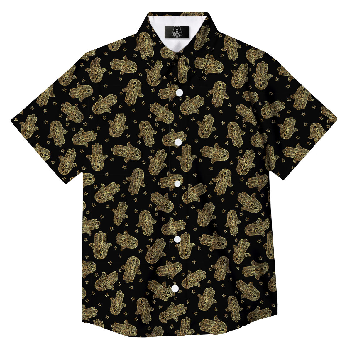 Hamsa Gold Print Pattern Button Up Shirt-grizzshop