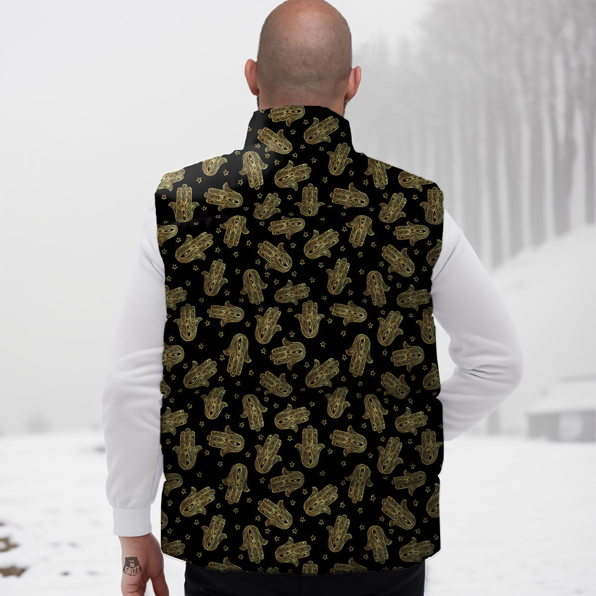 Hamsa Gold Print Pattern Down Vest-grizzshop