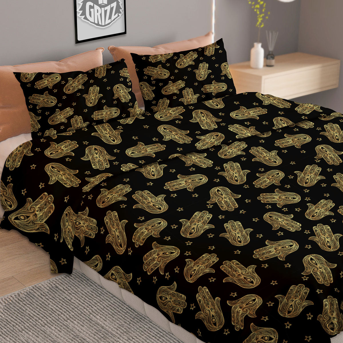 Hamsa Gold Print Pattern Duvet Cover Bedding Set