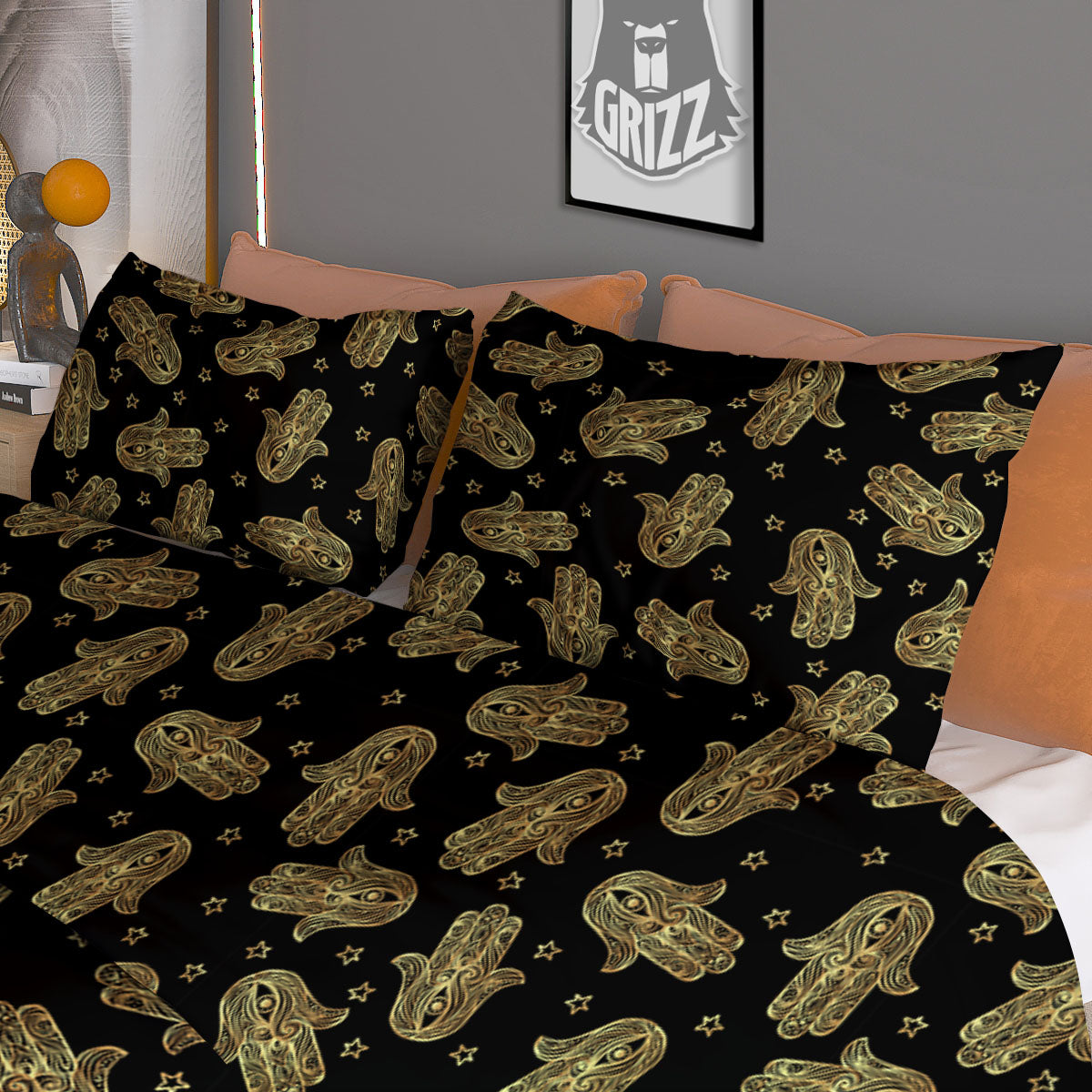 Hamsa Gold Print Pattern Duvet Cover Bedding Set