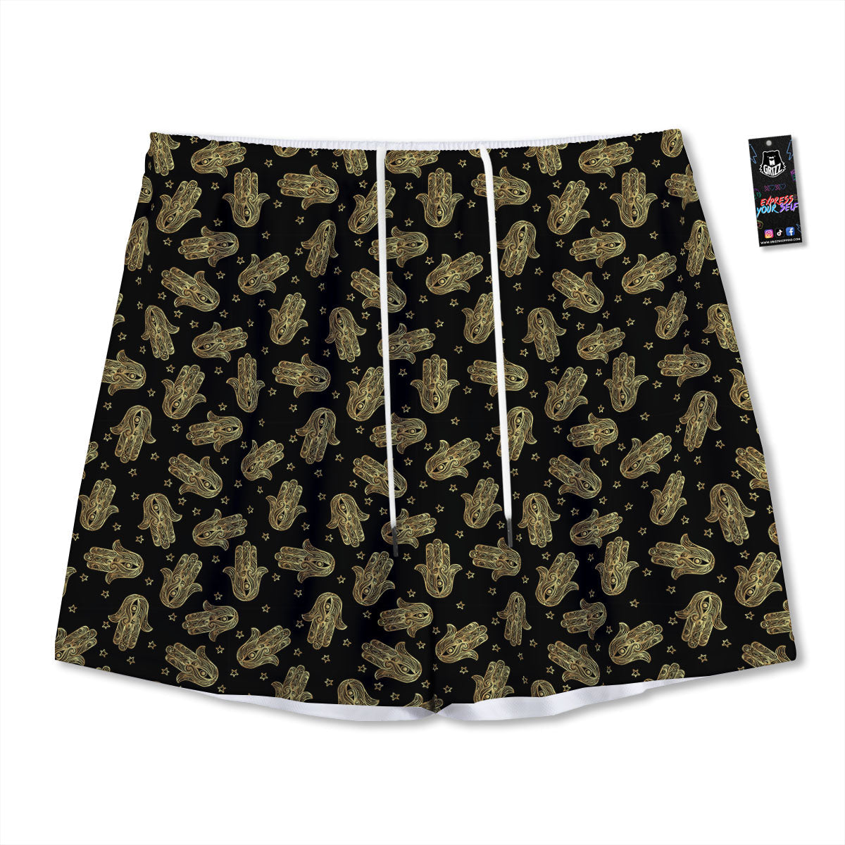 Hamsa Gold Print Pattern Mesh Shorts-grizzshop