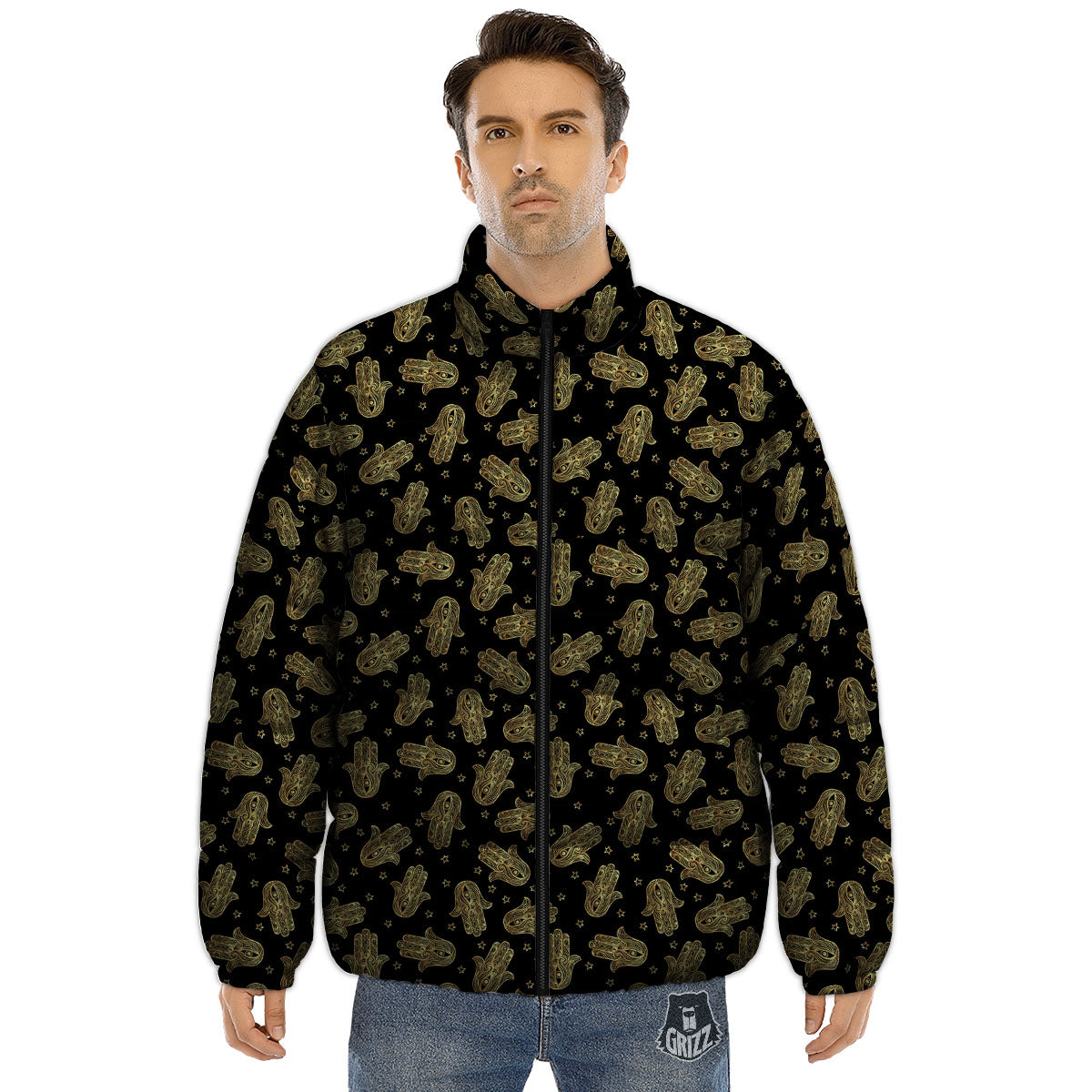 Hamsa Gold Print Pattern Puffer Jacket-grizzshop