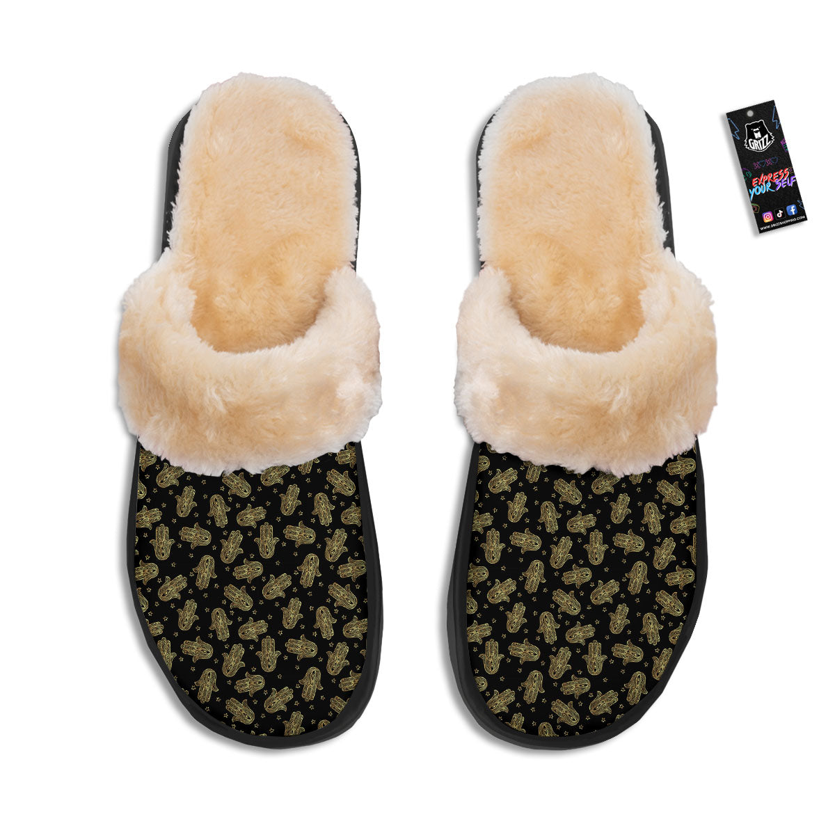 Hamsa Gold Print Pattern Slippers-grizzshop