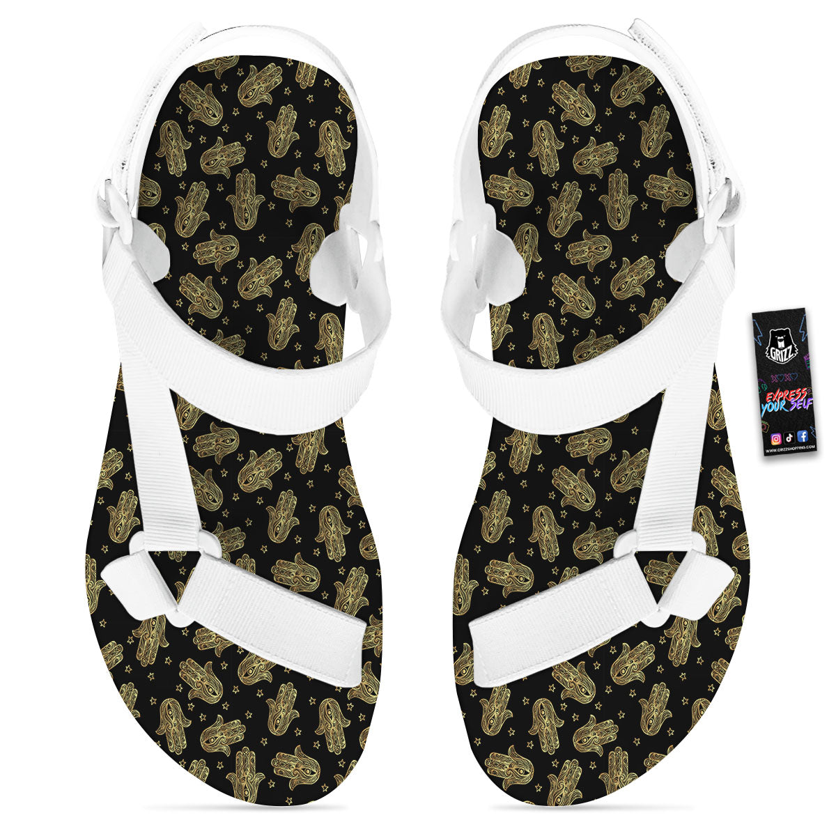 Hamsa Gold Print Pattern White Open Toe Sandals-grizzshop