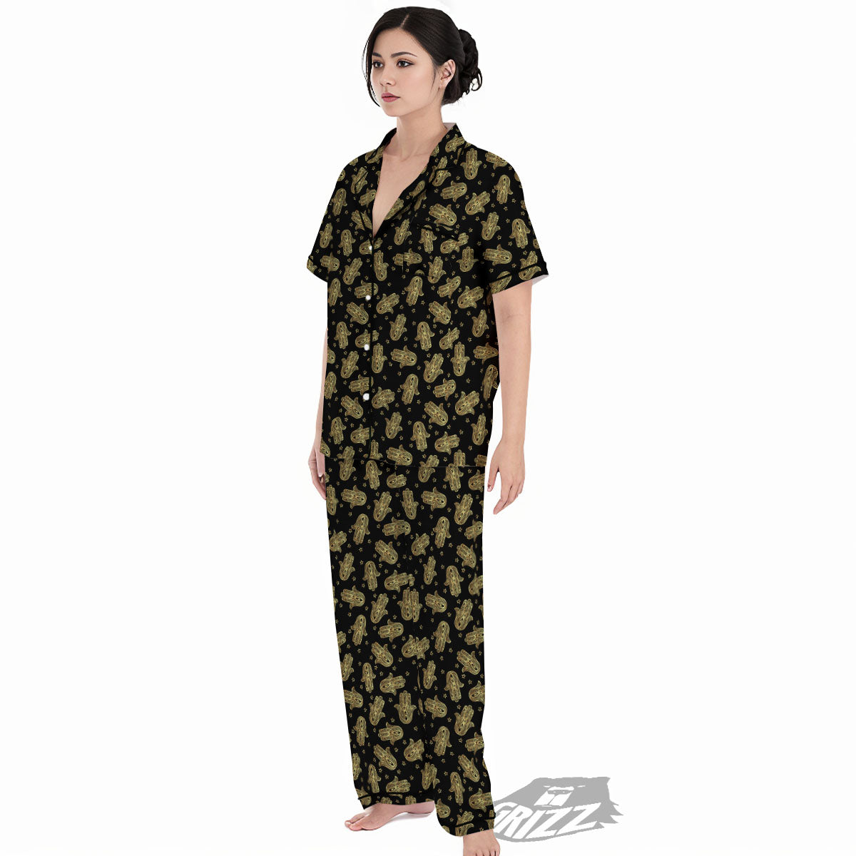 Hamsa Gold Print Pattern Women's Pajamas Set-grizzshop