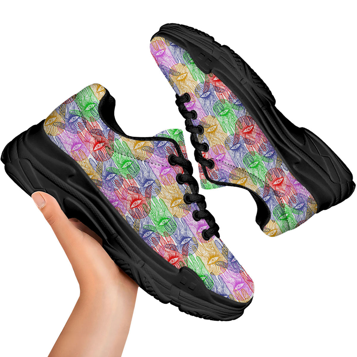 Hamsa Hand Colorful Print Black Chunky Shoes-grizzshop