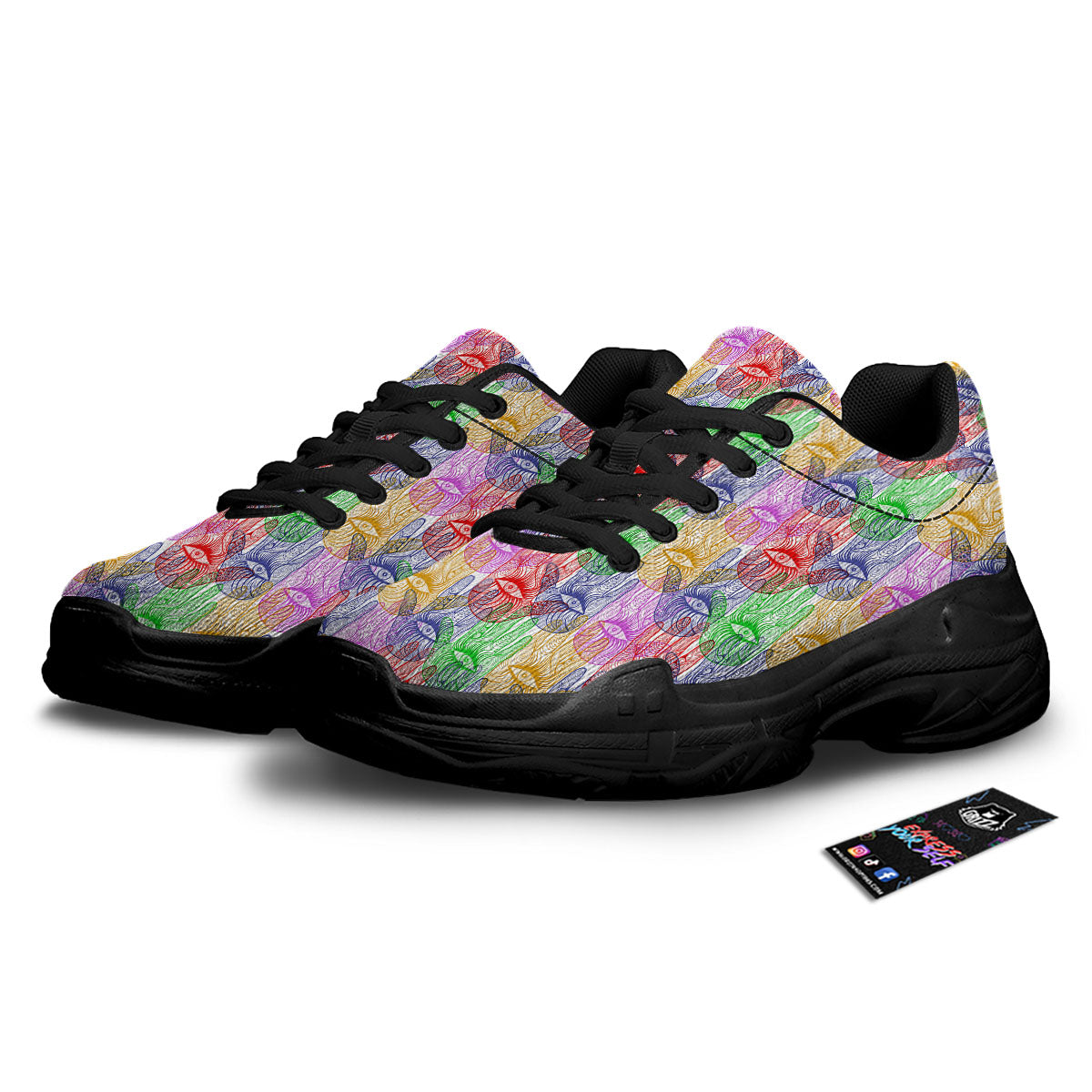 Hamsa Hand Colorful Print Black Chunky Shoes-grizzshop