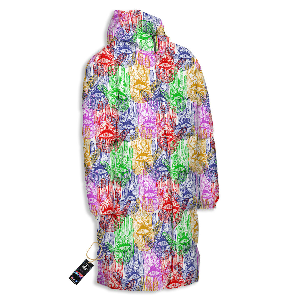 Hamsa Hand Colorful Print Long Down Jacket-grizzshop