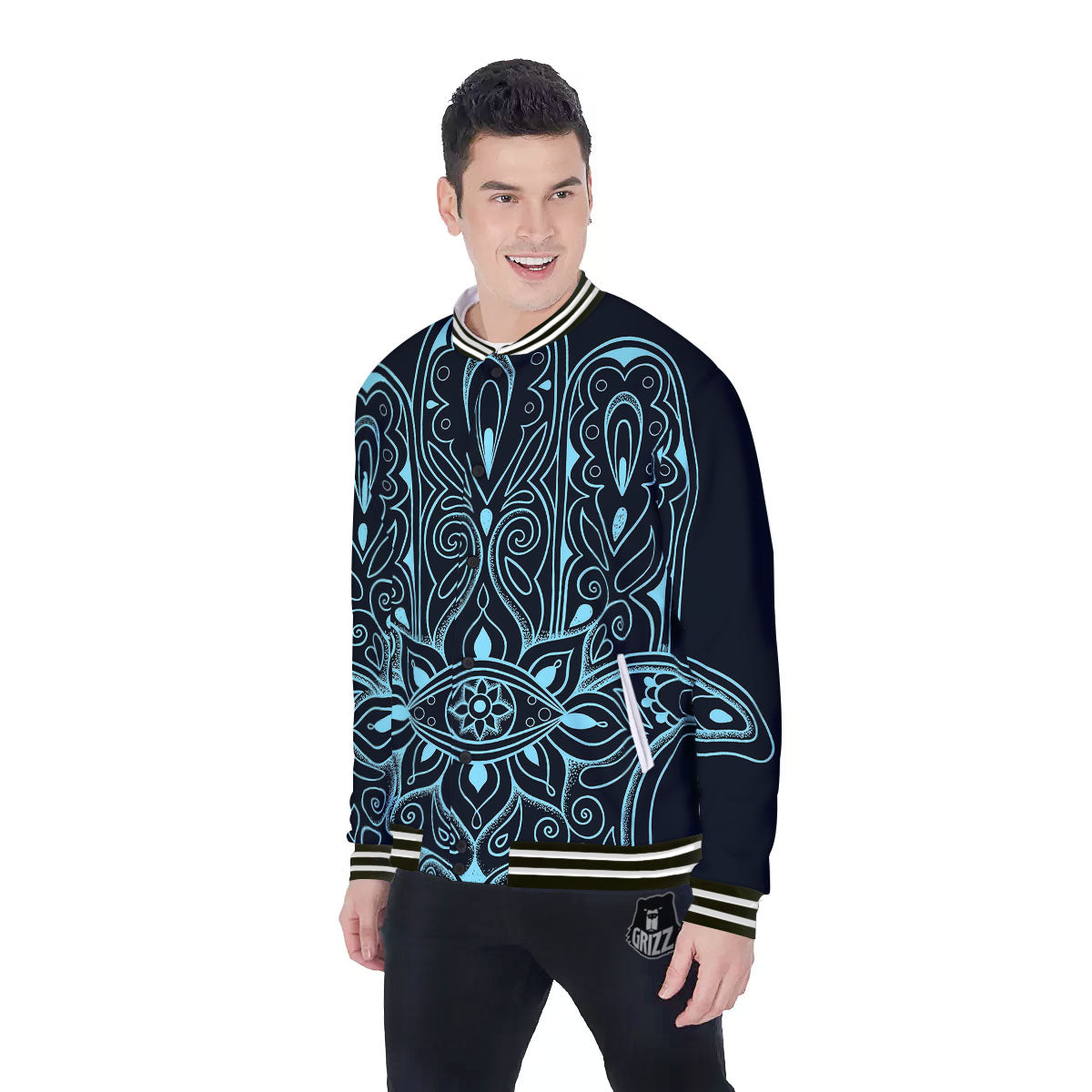 Hamsa Hand Fatima Spirital Print Baseball Jacket-grizzshop