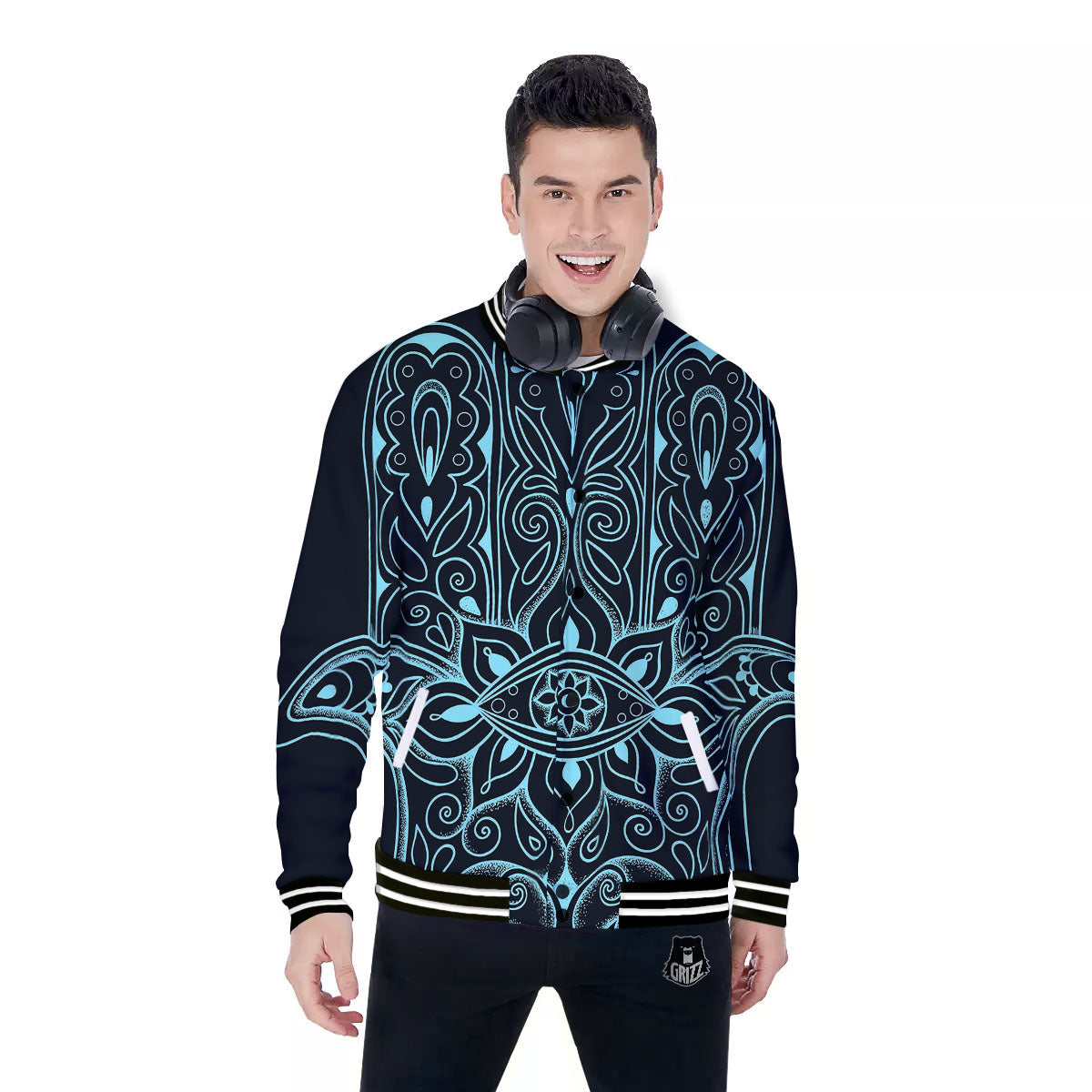 Hamsa Hand Fatima Spirital Print Baseball Jacket-grizzshop