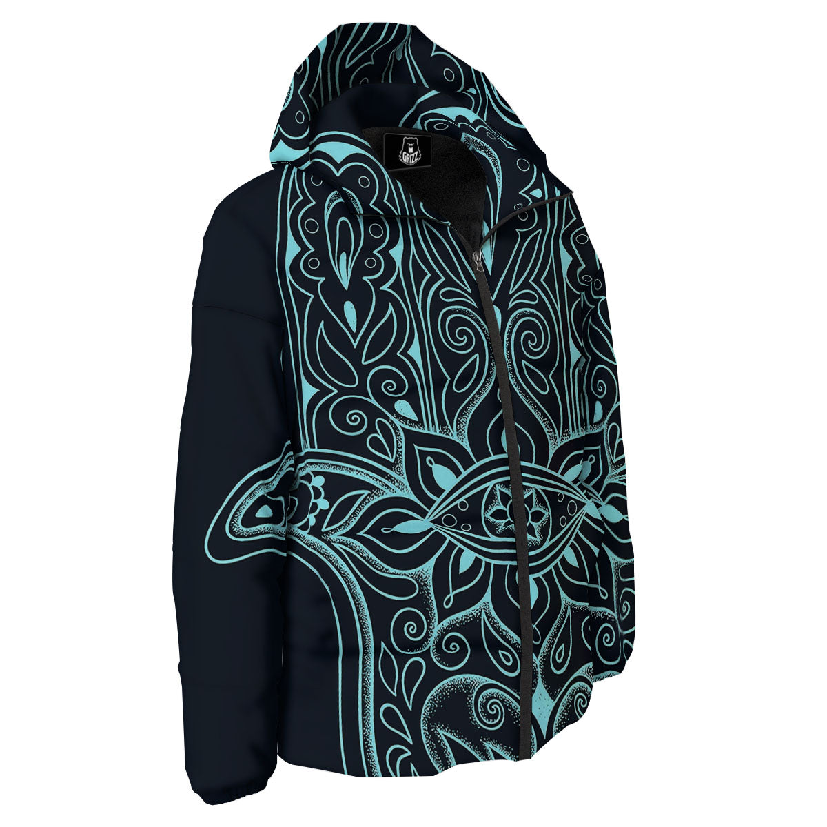 Hamsa Hand Fatima Spirital Print Down Jacket-grizzshop