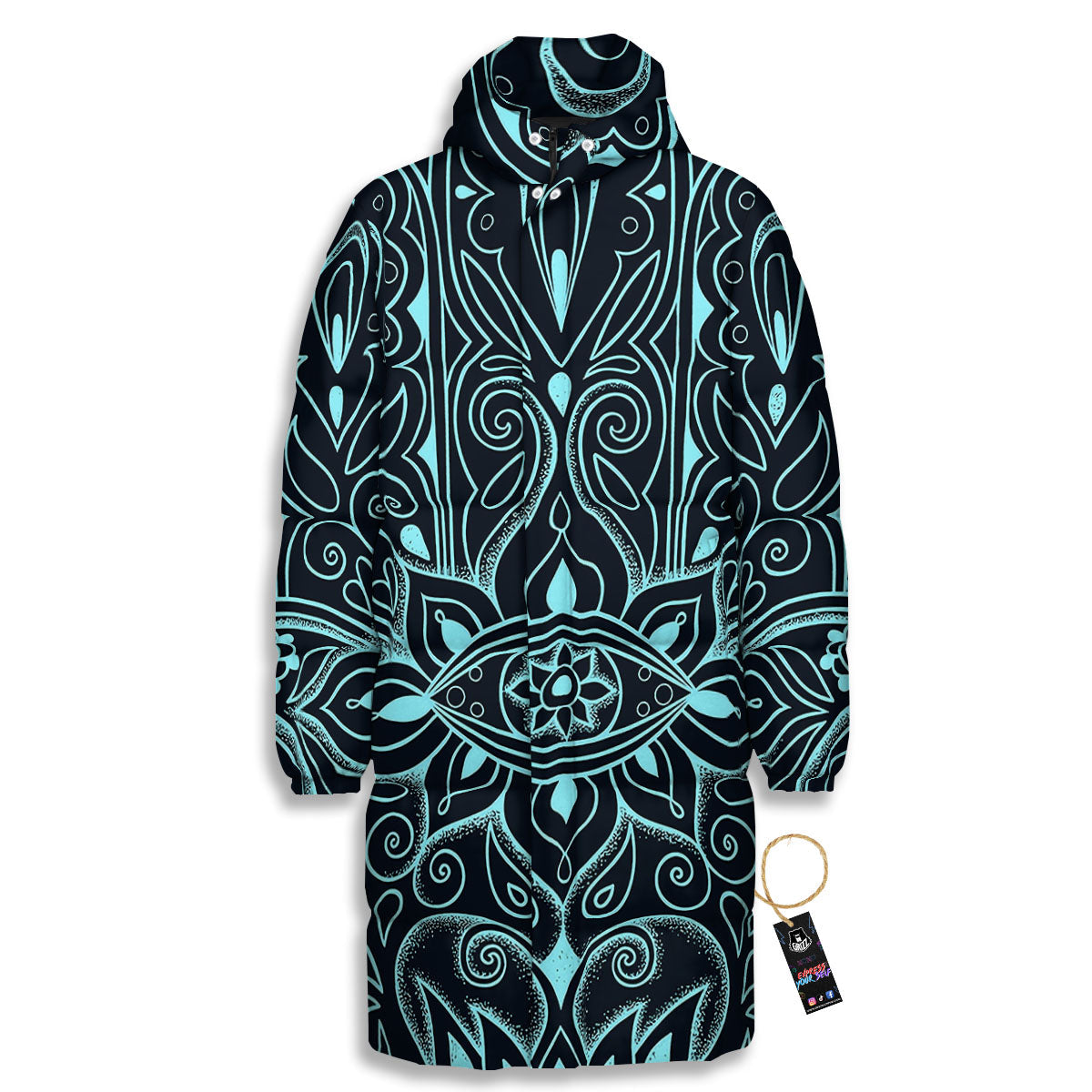 Hamsa Hand Fatima Spirital Print Long Down Jacket-grizzshop