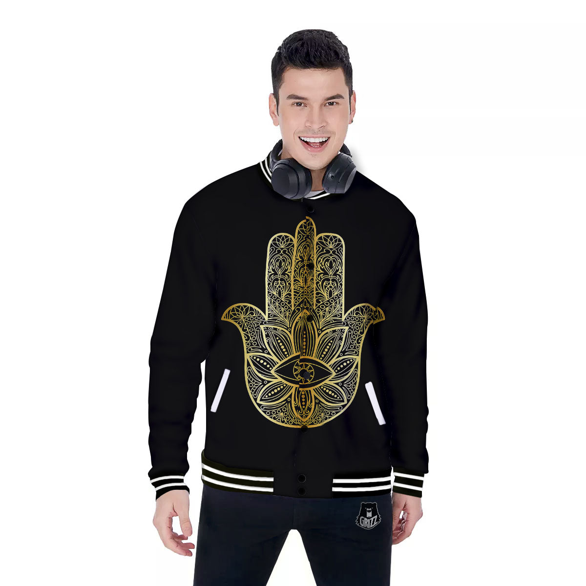 Hamsa Hand Gold Print Baseball Jacket-grizzshop