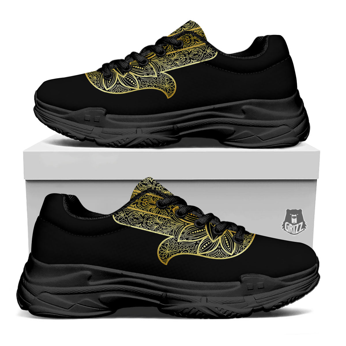Hamsa Hand Gold Print Black Chunky Shoes-grizzshop