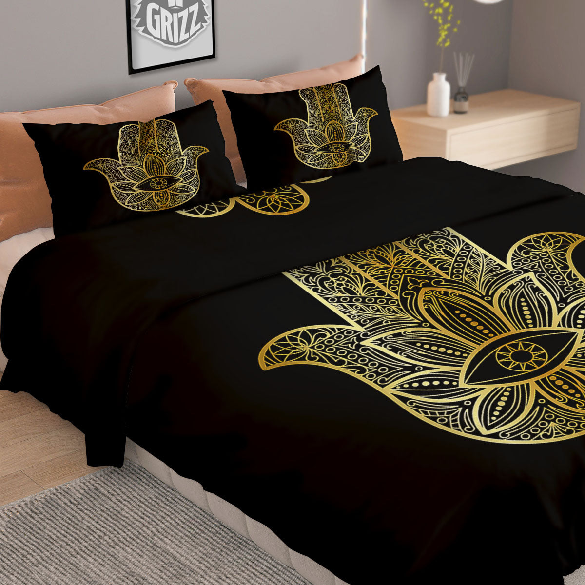 Hamsa Hand Gold Print Duvet Cover Bedding Set