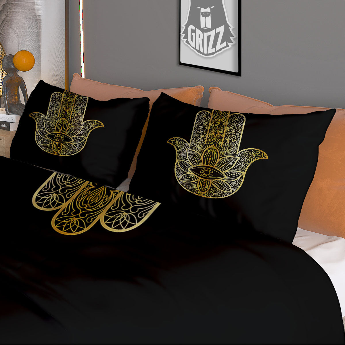 Hamsa Hand Gold Print Duvet Cover Bedding Set