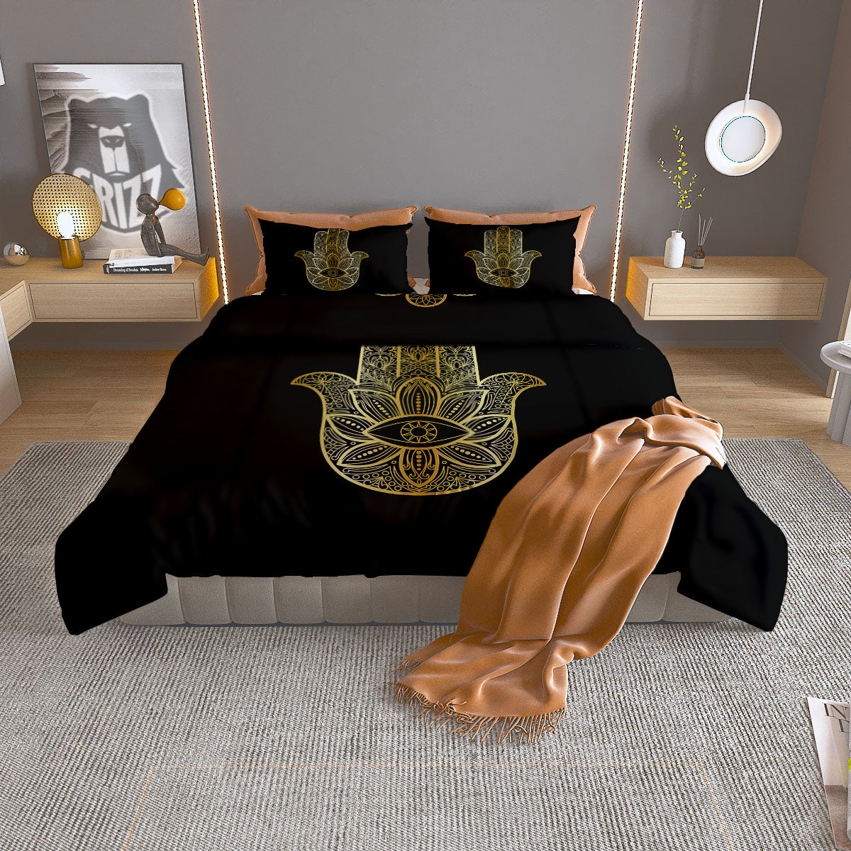 Hamsa Hand Gold Print Duvet Cover Bedding Set