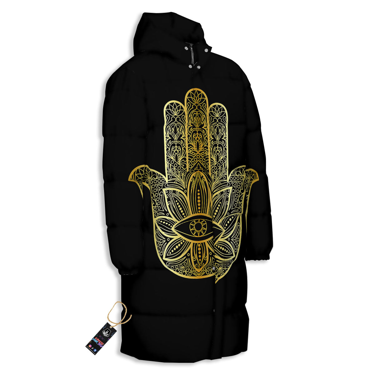 Hamsa Hand Gold Print Long Down Jacket-grizzshop