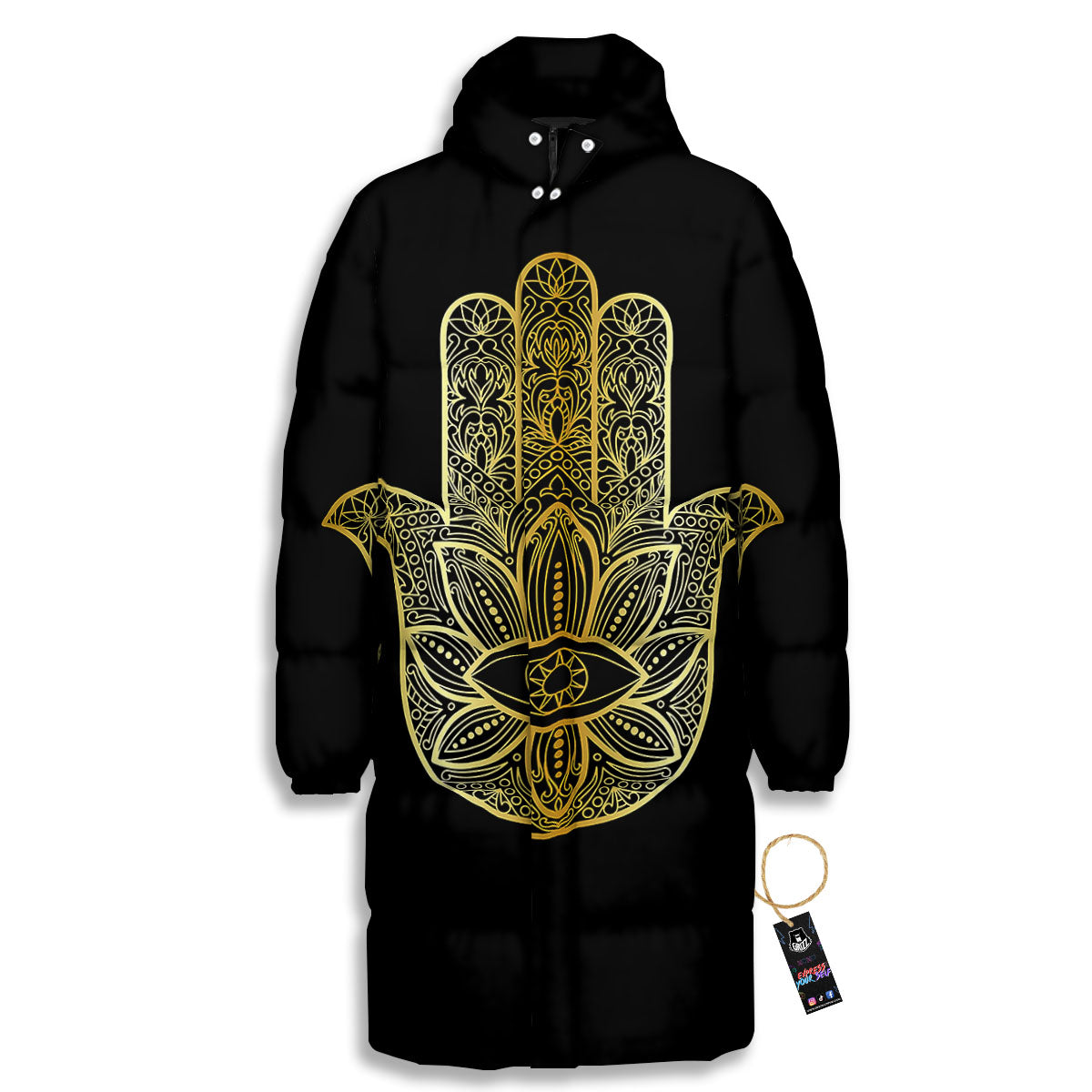 Hamsa Hand Gold Print Long Down Jacket-grizzshop