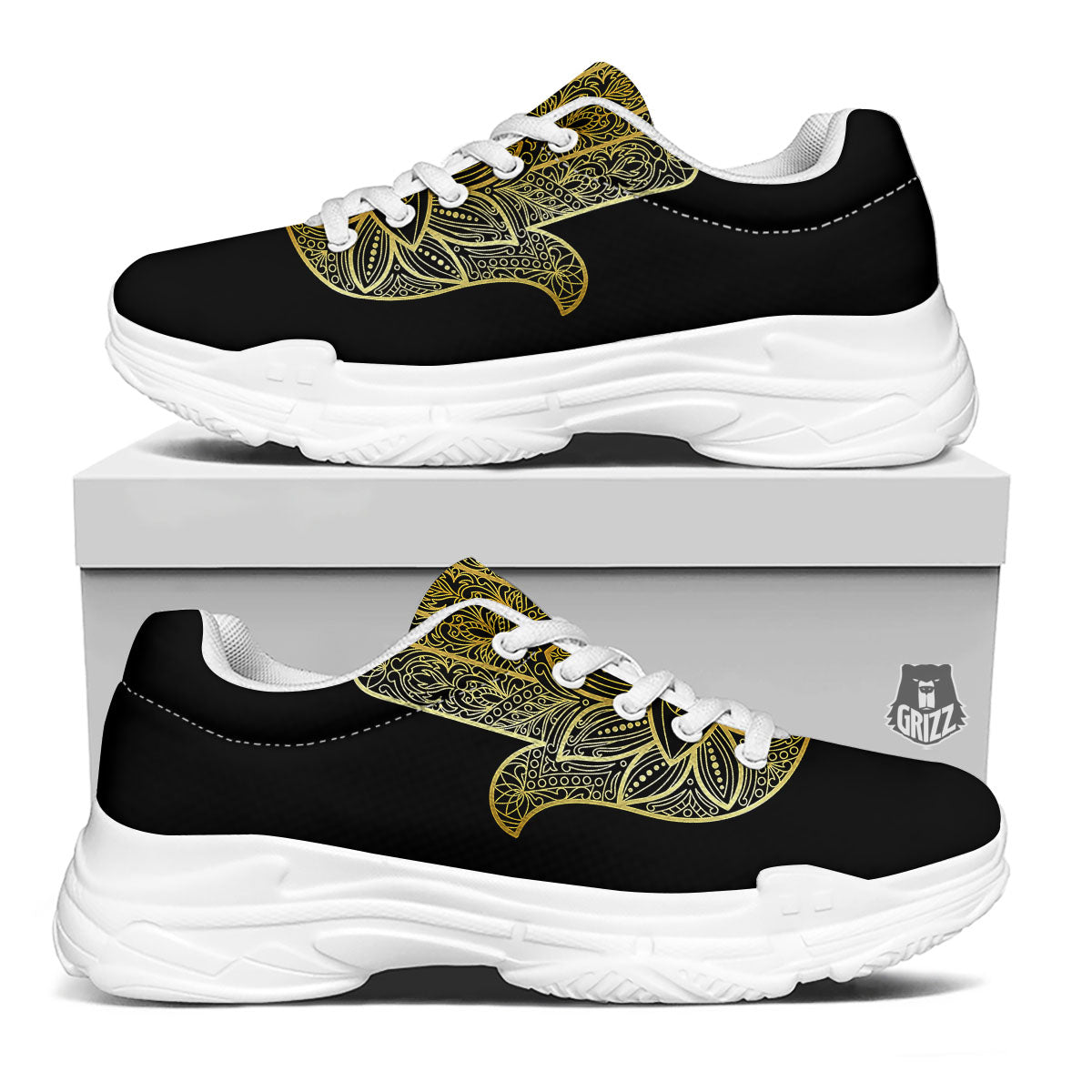 Hamsa Hand Gold Print White Chunky Shoes-grizzshop