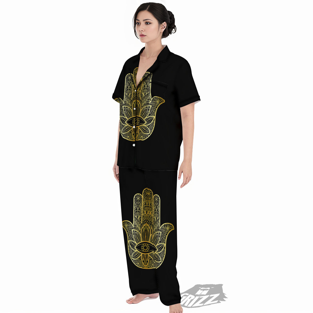 Hamsa Hand Gold Print Women's Pajamas Set-grizzshop