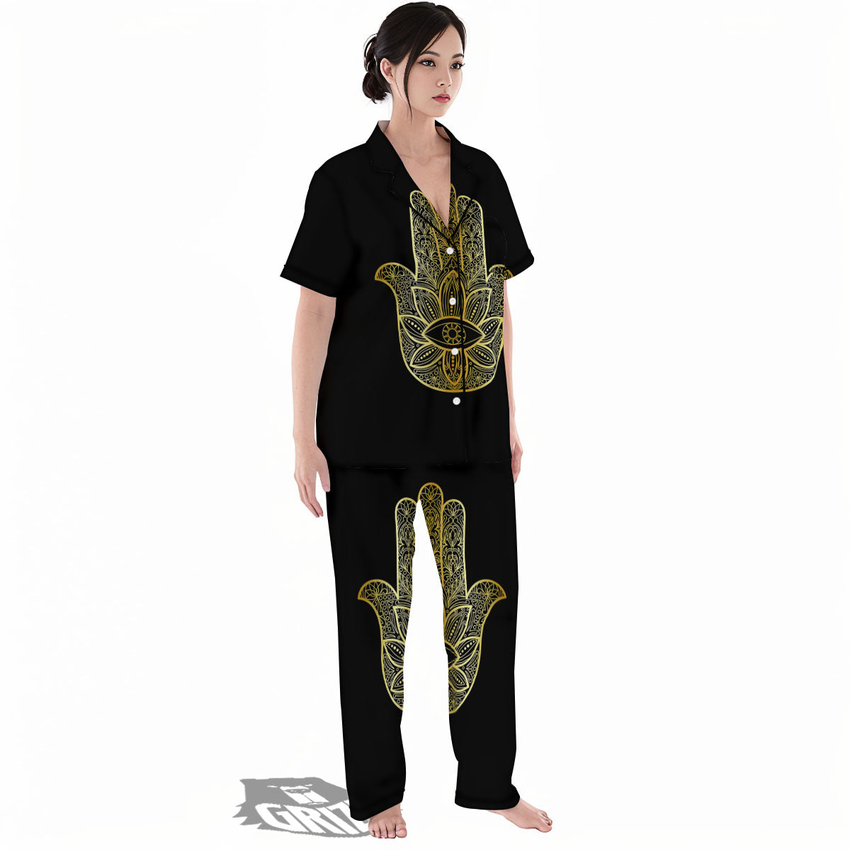 Hamsa Hand Gold Print Women's Pajamas Set-grizzshop