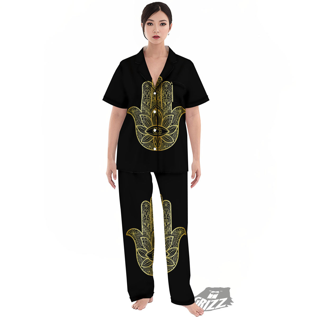 Hamsa Hand Gold Print Women's Pajamas Set-grizzshop