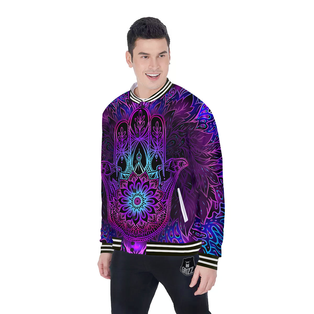 Hamsa Hand Purple Print Baseball Jacket-grizzshop