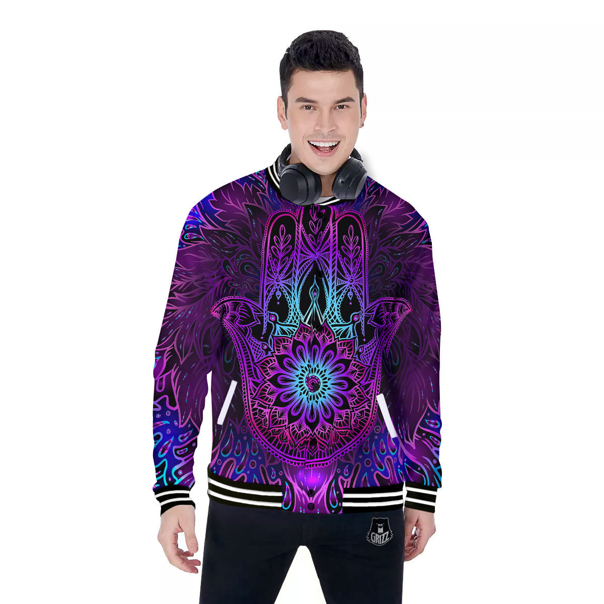 Hamsa Hand Purple Print Baseball Jacket-grizzshop