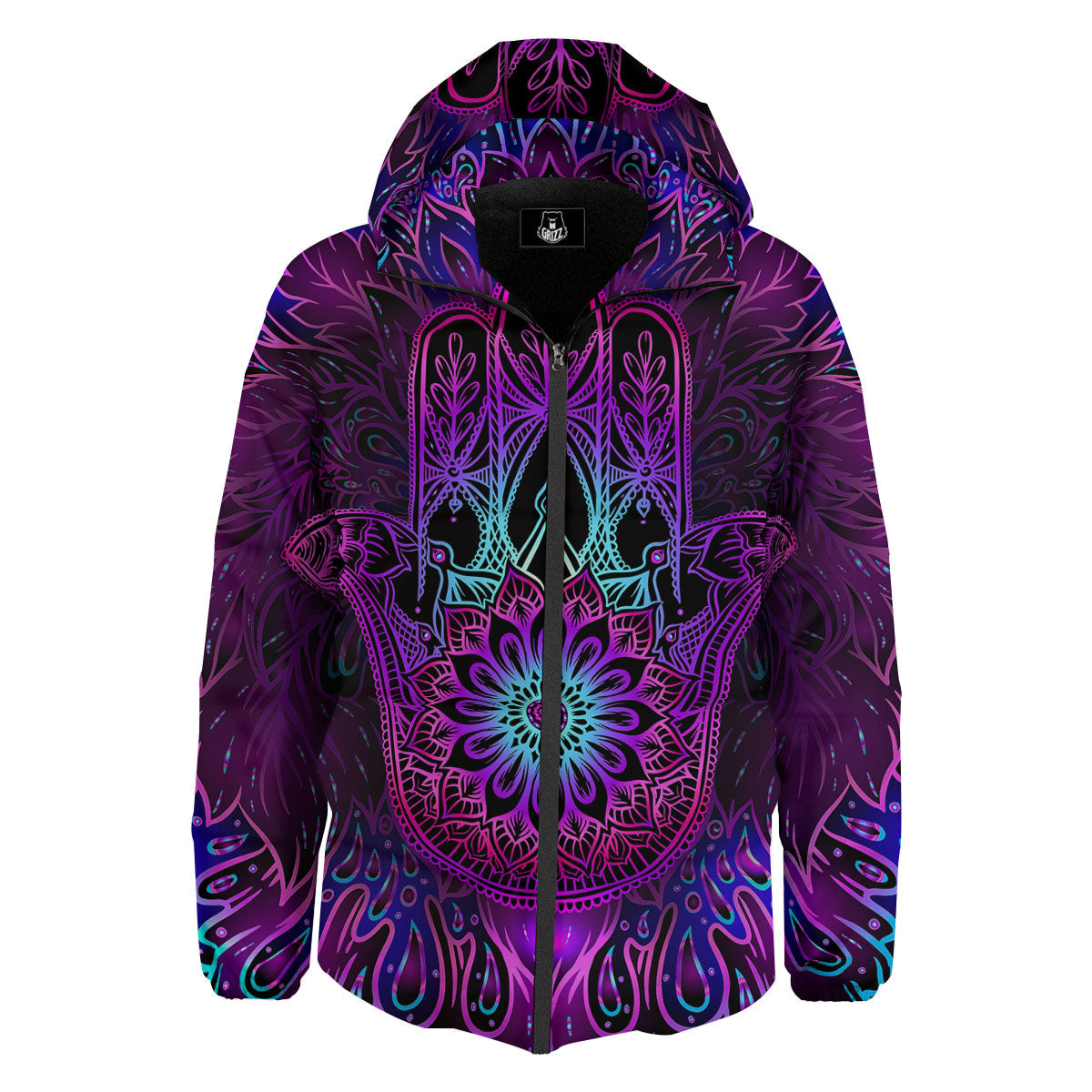 Hamsa Hand Purple Print Down Jacket-grizzshop